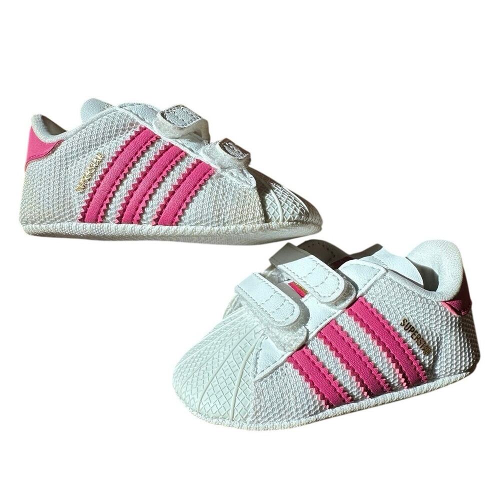 adidas Superstar Crib Shoes White w Pink Stripes Sneakers Baby Girl Infant 1K 3M